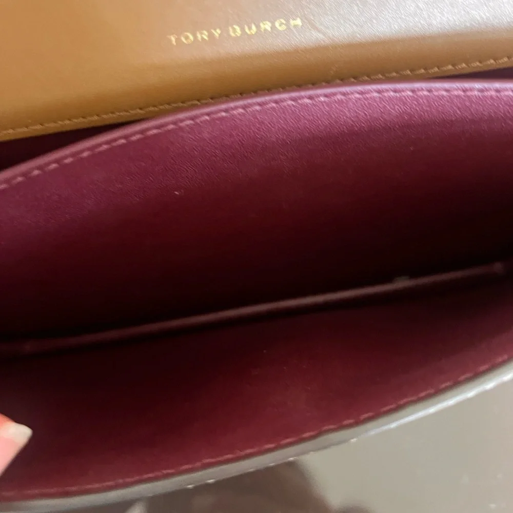 Tory Burch Beige Logo Canvas Crossbody with Brown Trim and Navy Strap